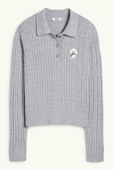 Damen - Pullover - Zopfmuster - hellgrau