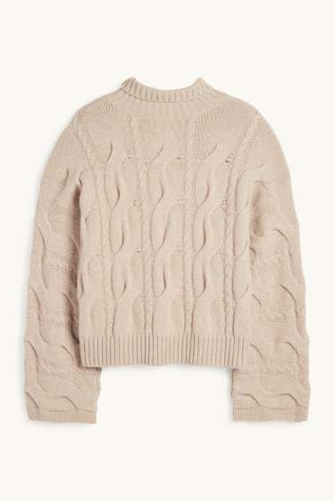 Damen - Kaschmir-Rollkragenpullover - Zopfmuster - beige