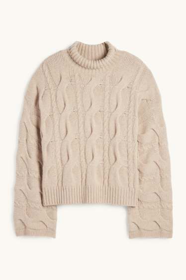 Damen - Kaschmir-Rollkragenpullover - Zopfmuster - beige