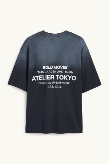 Mężczyźni - T-shirt - oversize - ze wzorem - czarny-melanż