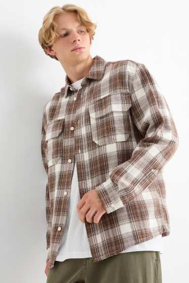 Hommes - Chemise en flanelle - relaxed fit - col kent - à carreaux - beige / marron