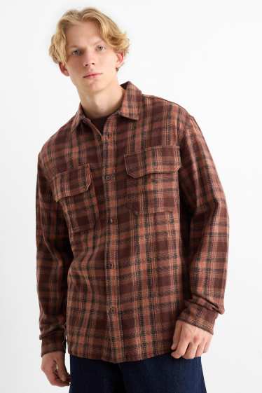 Hommes - Chemise en flanelle - relaxed fit - col kent - à carreaux - marron foncé