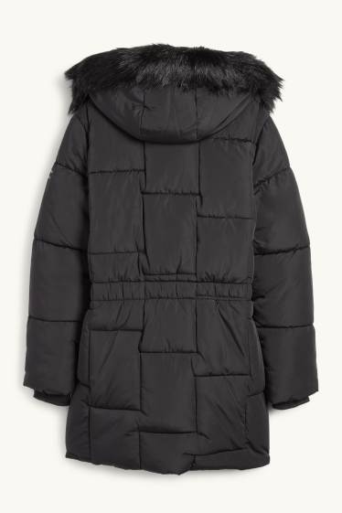 Kinder Mädchen - Steppjacke mit Kapuze und Kunstfellbesatz - schwarz