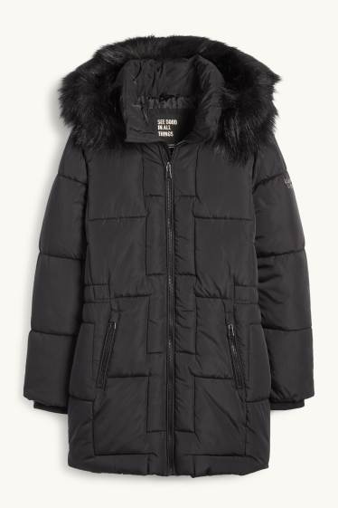 Kinder Mädchen - Steppjacke mit Kapuze und Kunstfellbesatz - schwarz