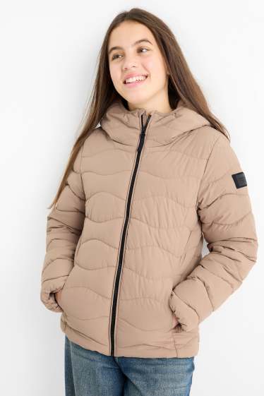 Děti - dívky - Prošívaná bunda s kapucí - z vodoodpudivého materiálu - béžová