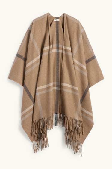 Femmes - Poncho à franges - à carreaux - marron clair