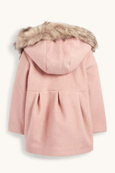 Kinderen: meisjes - Mantel met capuchon en imitatiebontrandje - gevoerd - fuchsiarood