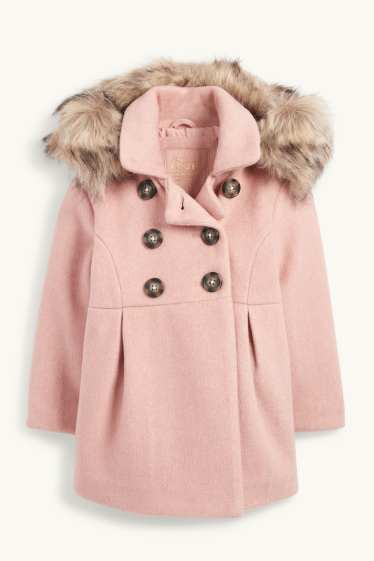 Kinderen: meisjes - Mantel met capuchon en imitatiebontrandje - gevoerd - fuchsiarood