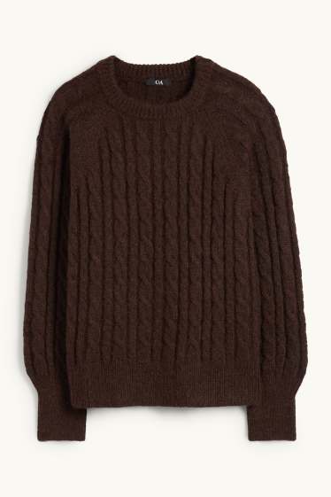Women - Jumper - cable knit pattern - dark brown