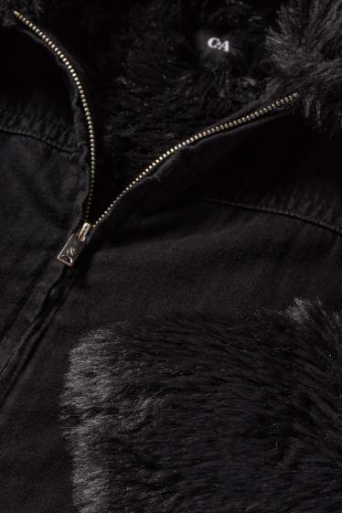 Dámské - Džínová bunda s detaily z umělé kožešiny - s výplní - černá