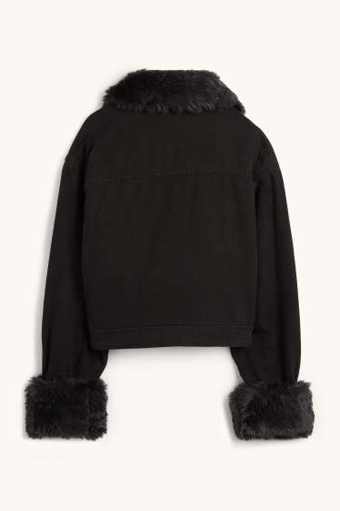 Dámské - Džínová bunda s detaily z umělé kožešiny - s výplní - černá