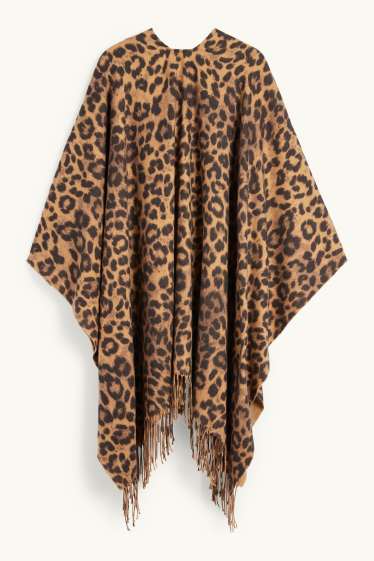 Femmes - Poncho à franges - imprimé léopard - noir / beige
