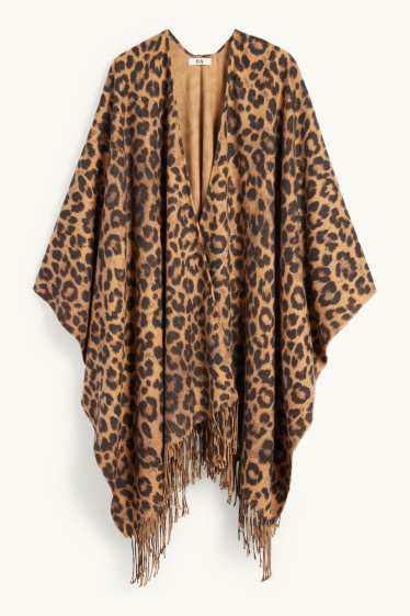 Femmes - Poncho à franges - imprimé léopard - noir / beige