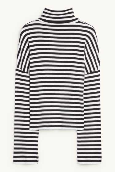 Dames - Shirt met rolkraagje - ribstof - met strepen - zwart / wit