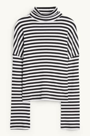 Dames - Shirt met rolkraagje - ribstof - met strepen - zwart / wit