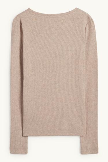 Women - Henley T-shirt - slim fit - ribbed - light brown