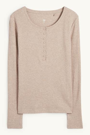 Women - Henley T-shirt - slim fit - ribbed - light brown