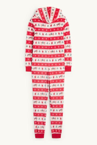 Dames - Mini-Me - dames-onesie voor de kerst, met capuchon - met patroon - wit / rood