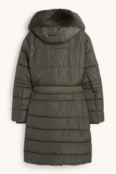 Dona - Abric embuatat amb cinturó, caputxa i rivet de pèl sintètic - verd