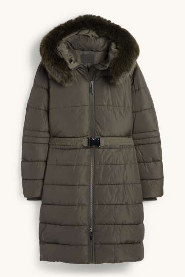 Dona - Abric embuatat amb cinturó, caputxa i rivet de pèl sintètic - verd