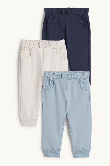 Bébés filles - Lot de 3 - pantalon de jogging bébé - broderie anglaise - bleu  / beige