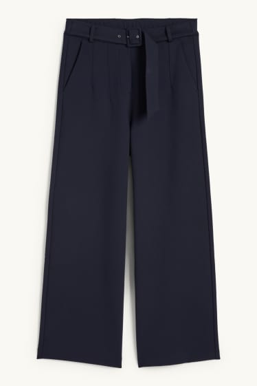 Women - Jersey trousers with belt - high-rise waist - wide leg - dark blue