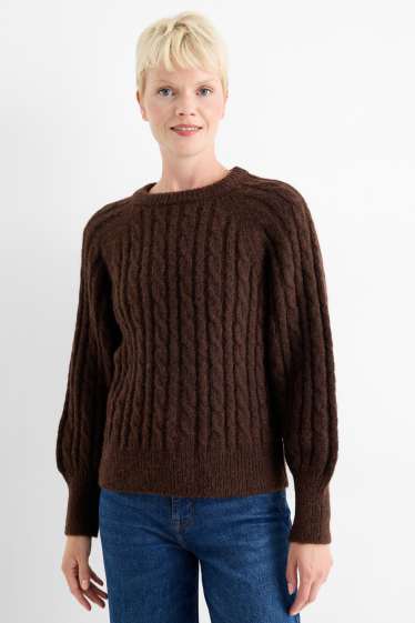 Women - Jumper - cable knit pattern - dark brown