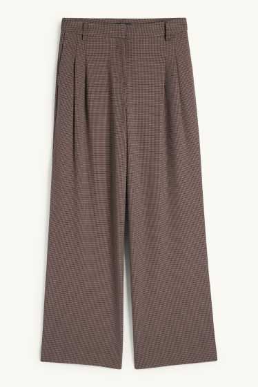 Dames - Pantalon - mid waist - wide leg - geruit - bruin