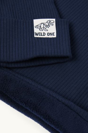 Kinder Buben - Dino - Set - Mütze und Loop Schal - gerippt - 2 teilig - dunkelblau
