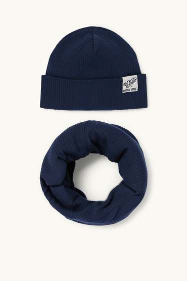 Kinder Buben - Dino - Set - Mütze und Loop Schal - gerippt - 2 teilig - dunkelblau