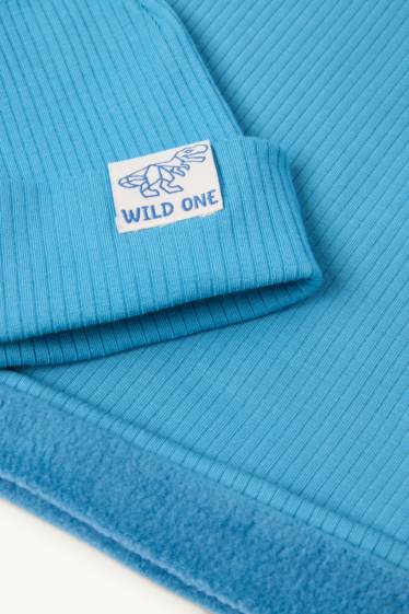 Kinder Jungen - Dino - Set - Mütze und Loop Schal - gerippt - 2 teilig - blau