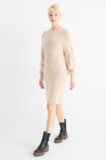 Women - Knitted dress - ribbed - light beige