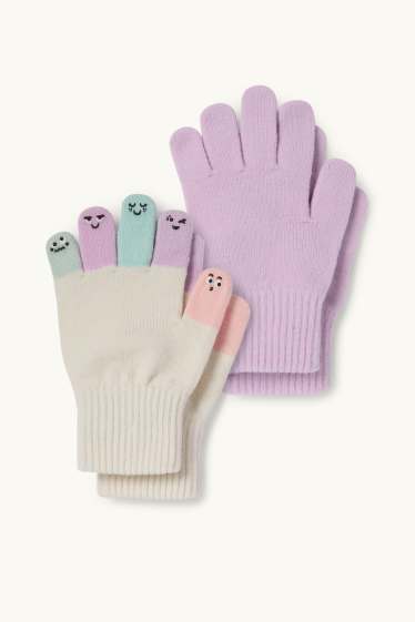 Děti - dívky - Multipack 2 ks - motivy různých obličejů - rukavice - světle fialová