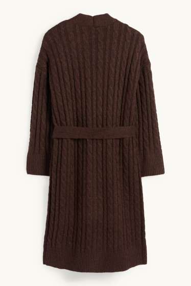 Dámské - Pletený kardigan - s copánkovým vzorem - tmavohnědá