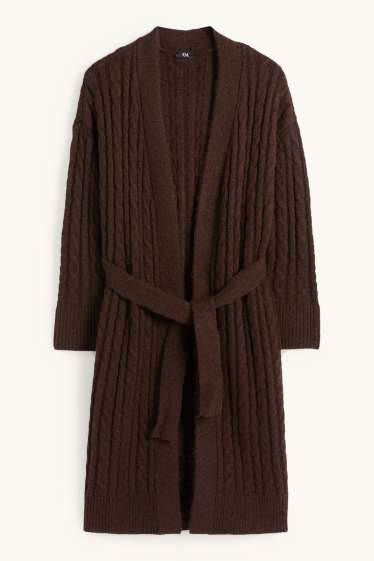 Dámské - Pletený kardigan - s copánkovým vzorem - tmavohnědá