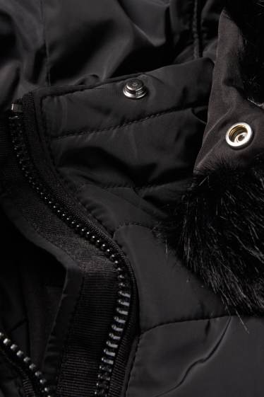 Women - Quilted coat with belt, hood and faux fur trim - black