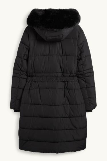 Women - Quilted coat with belt, hood and faux fur trim - black