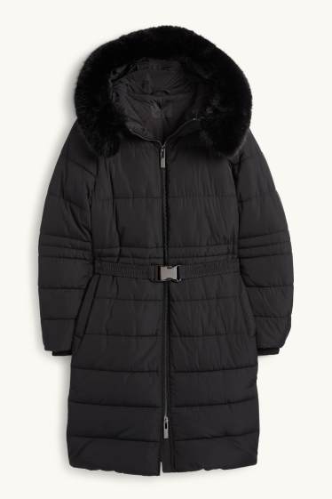 Women - Quilted coat with belt, hood and faux fur trim - black