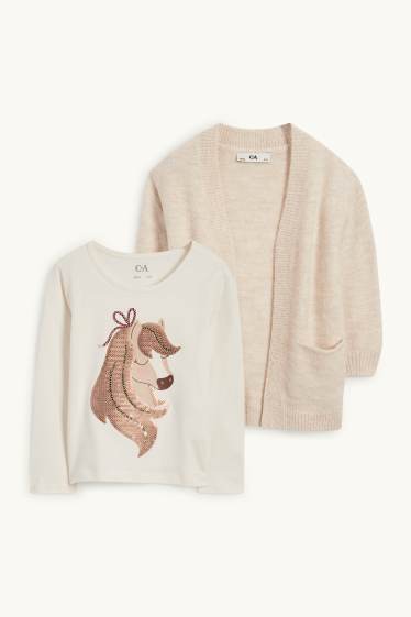 Enfants filles - Cheval - ensemble - haut à manches longues et gilet en maille - 2 pièces - beige clair