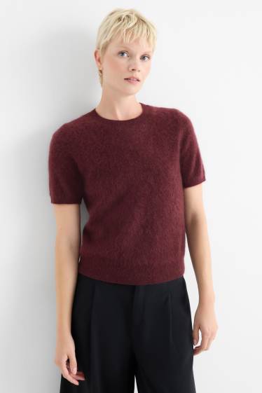 Femmes - Pull de maille en cachemire - manches courtes - bordeaux