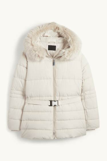Dames - Gewatteerde jas met ceintuur, capuchon en imitatiebontrandje - licht beige
