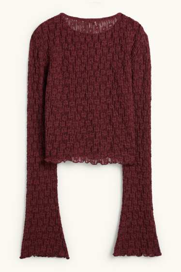 Dámské - Krátké krajkové tričko s dlouhým rukávem - slim fit - bordeaux