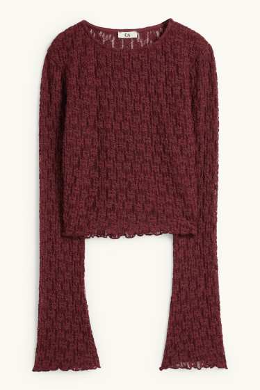 Dámské - Krátké krajkové tričko s dlouhým rukávem - slim fit - bordeaux