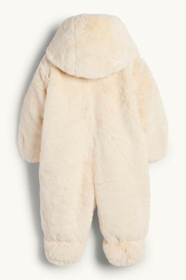 Baby: meisjes - Babysneeuwpak van imitatiebont, met capuchon - crèmekleurig