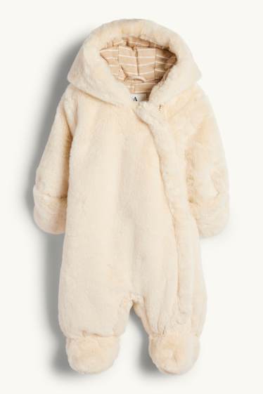 Baby: meisjes - Babysneeuwpak van imitatiebont, met capuchon - crèmekleurig