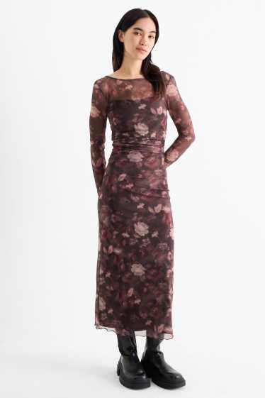 Women - Mesh dress - floral - dark brown