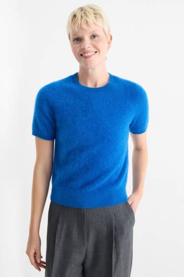 Women - Knitted cashmere jumper - short sleeve - blue