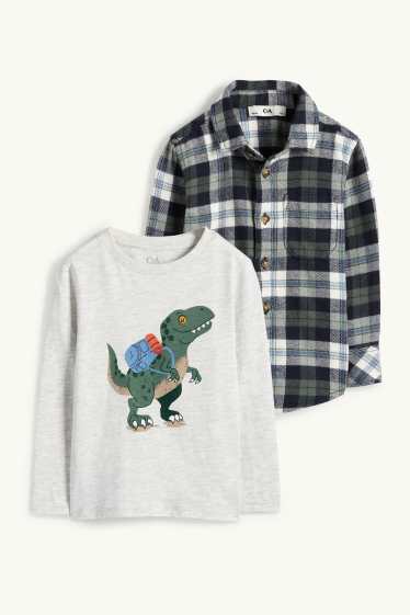 Bambini - Motivo dinosauri - set - maglia a maniche lunghe e camicia di flanella - 2 pezzi - verde