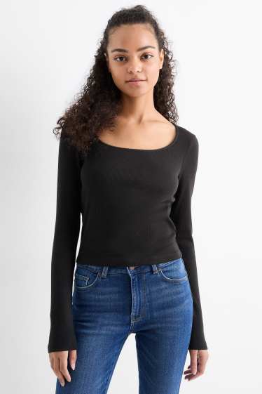 Dames - Korte longsleeve - geribd - zwart