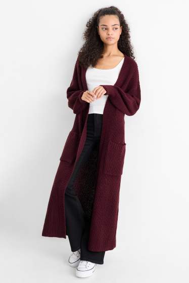 Dona - Jaqueta llarga de punt - acanalada - vermell fosc